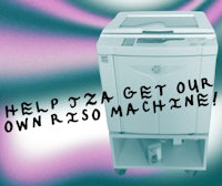 An aqua and magenta gradient background with an image of a risograph machine. black handwritten text on top reads "help jza get our own riso machine"